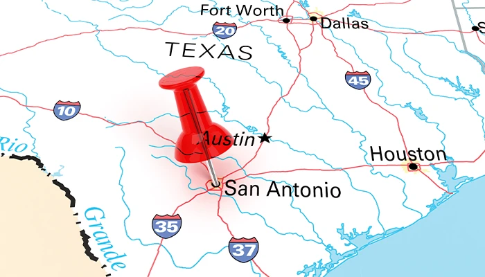 Map of Texas highlighting Austin
